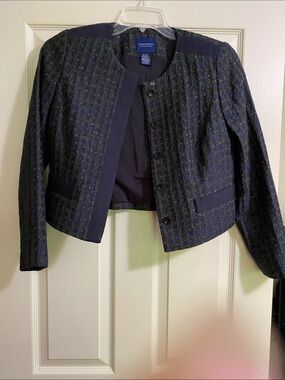 Doncaster Navy Tweed Cropped Blazer with Green Accents
